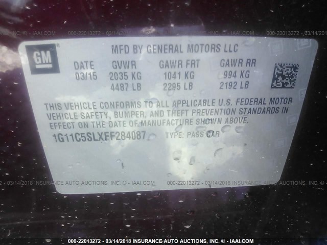 1G11C5SLXFF284087 - 2015 CHEVROLET MALIBU 1LT 栗色 照片 9