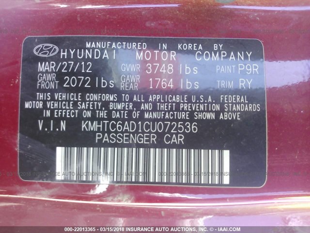 KMHTC6AD1CU072536 - 2012 HYUNDAI VELOSTER RED photo 9