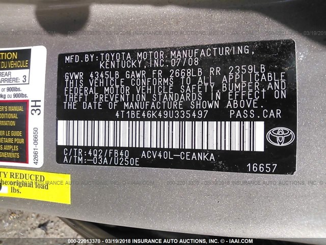 4T1BE46K49U335497 - 2009 TOYOTA CAMRY SE/LE/XLE GOLD photo 9