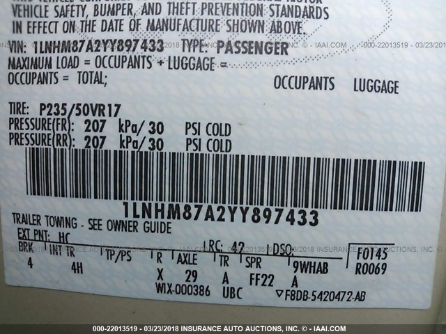 1LNHM87A2YY897433 - 2000 LINCOLN LS 奶油色 照片 9