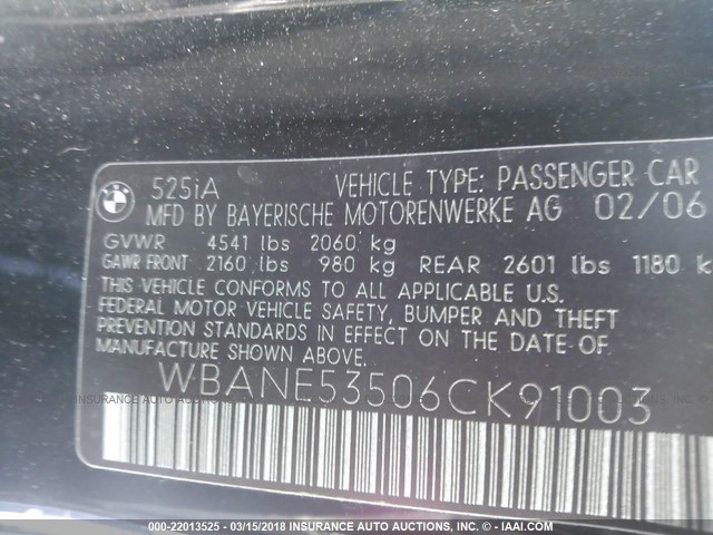 WBANE53506CK91003 - 2006 BMW 525 I BLACK photo 9