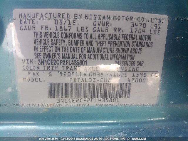 3N1CE2CP2FL435801 - 2015 NISSAN VERSA NOTE S/S PLUS/SV/SL/SR BLUE photo 9