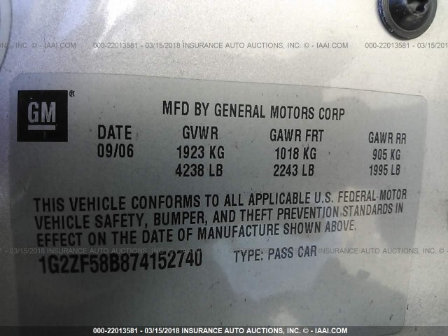 1G2ZF58B874152740 - 2007 PONTIAC G6 VALUE LEADER/BASE SILVER photo 9