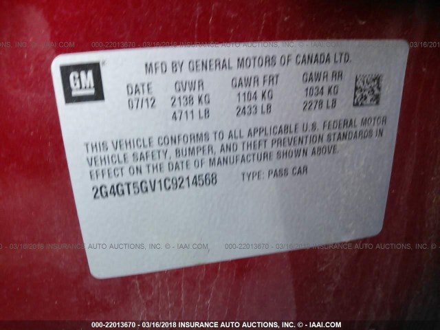 2G4GT5GV1C9214568 - 2012 BUICK REGAL PREMIUM RED photo 9