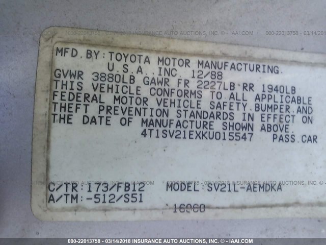 4T1SV21EXKU015547 - 1989 TOYOTA CAMRY DLX GRAY photo 9