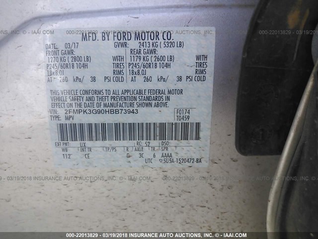 2FMPK3G90HBB73943 - 2017 FORD EDGE SE SILVER photo 9