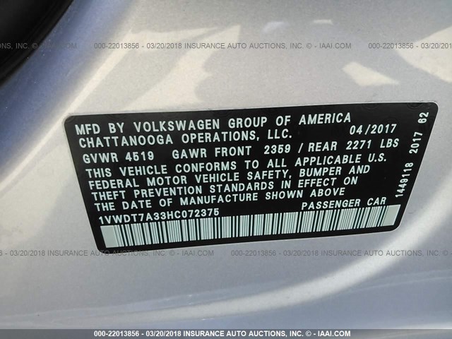 1VWDT7A33HC072375 - 2017 VOLKSWAGEN PASSAT R-LINE Gümüş foto 9
