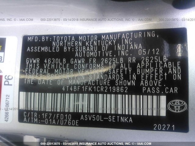 4T4BF1FK1CR219862 - 2012 TOYOTA CAMRY SE/LE/XLE ვერცხლისფერი ფოტო 9