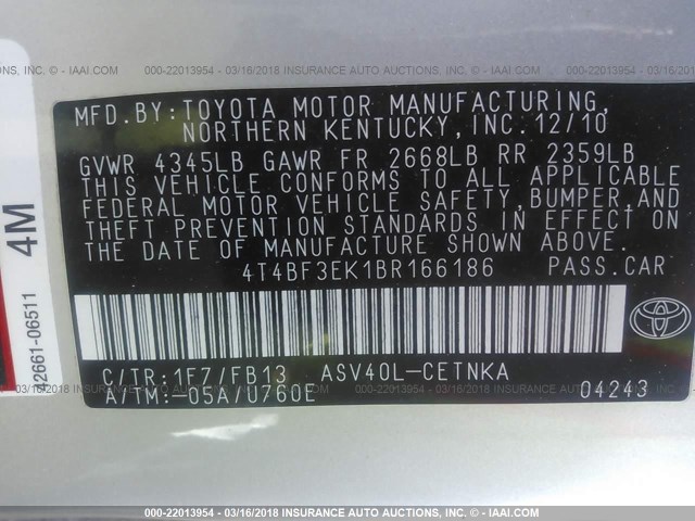 4T4BF3EK1BR166186 - 2011 TOYOTA CAMRY SE/LE/XLE SILVER photo 9