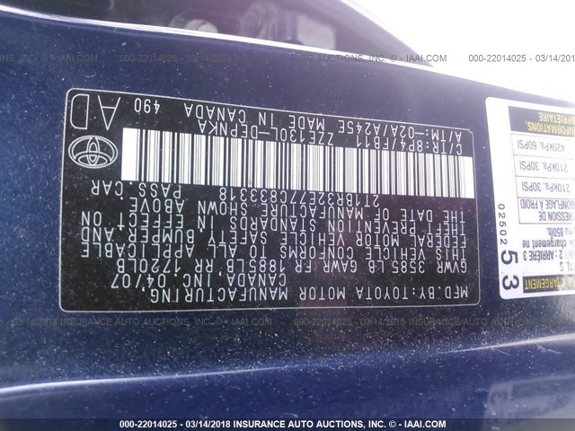 2T1BR32E77C833318 - 2007 TOYOTA COROLLA CE/LE/S BLUE photo 9