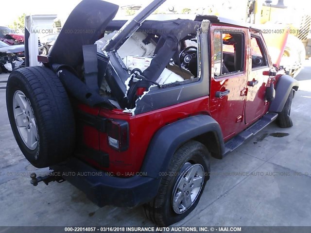 1C4BJWDGXFL545047 - 2015 JEEP WRANGLER UNLIMITE SPORT RED photo 4