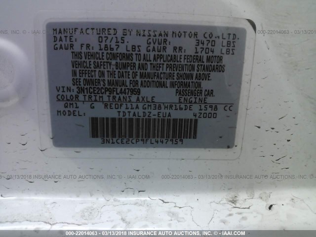 3N1CE2CP9FL447959 - 2015 NISSAN VERSA NOTE S/S PLUS/SV/SL/SR WHITE photo 9