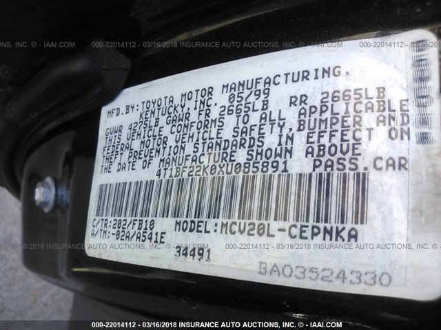 4T1BF22K0XU085891 - 1999 TOYOTA CAMRY LE/XLE Қара фото 9