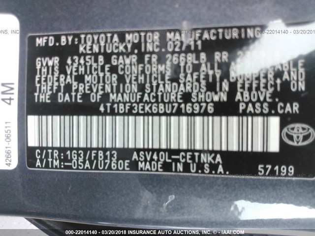 4T1BF3EK6BU716976 - 2011 TOYOTA CAMRY SE/LE/XLE GRAY photo 9