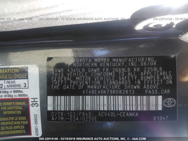 4T4BE46K79R082813 - 2009 TOYOTA CAMRY SE/LE/XLE GRAY photo 9
