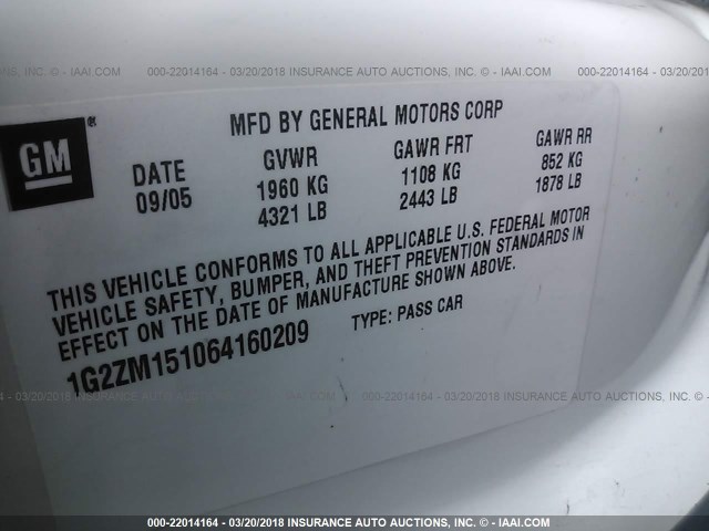 1G2ZM151064160209 - 2006 PONTIAC G6 GTP WHITE photo 9