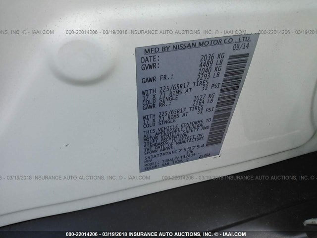 5N1AT2MTXFC759754 - 2015 NISSAN ROGUE S/SL/SV WHITE photo 9