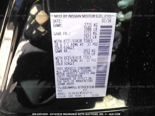 5N1AR2MM9GC630316 - 2016 NISSAN PATHFINDER S/SV/SL/PLATINUM 黑色 照片 9