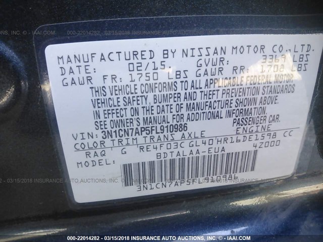 3N1CN7AP5FL910986 - 2015 NISSAN VERSA S/S PLUS/SV/SL BLUE photo 9