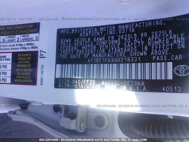 4T1BF1FK9GU218331 - 2016 TOYOTA CAMRY LE/XLE/SE/XSE WHITE photo 9