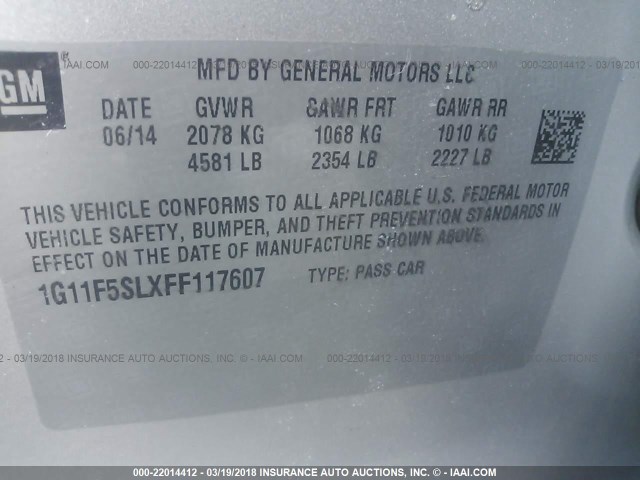 1G11F5SLXFF117607 - 2015 CHEVROLET MALIBU LTZ 银色 照片 9