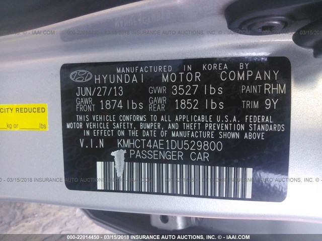 KMHCT4AE1DU529800 - 2013 HYUNDAI ACCENT GLS/GS SILVER photo 9