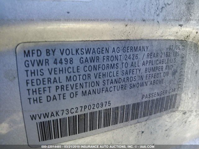 WVWAK73C27P020975 - 2007 VOLKSWAGEN PASSAT 2.0T/WOLFSBURG SILVER photo 9