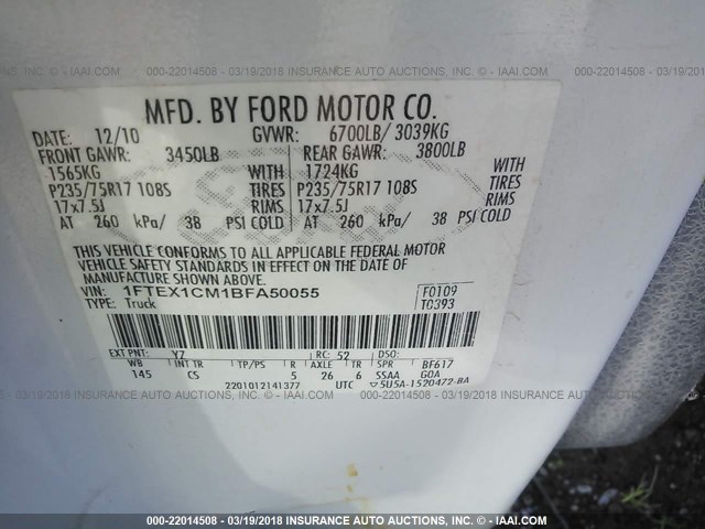 1FTEX1CM1BFA50055 - 2011 FORD F150 SUPER CAB WHITE photo 9