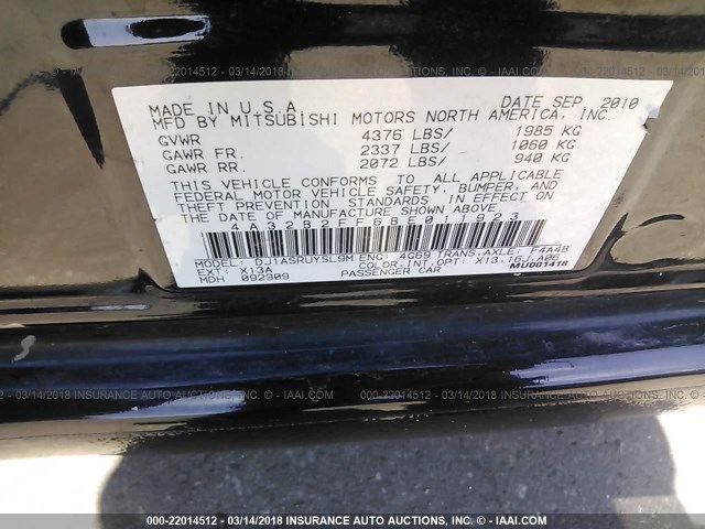 4A32B2FF6BE011923 - 2011 MITSUBISHI GALANT FE BLACK photo 9