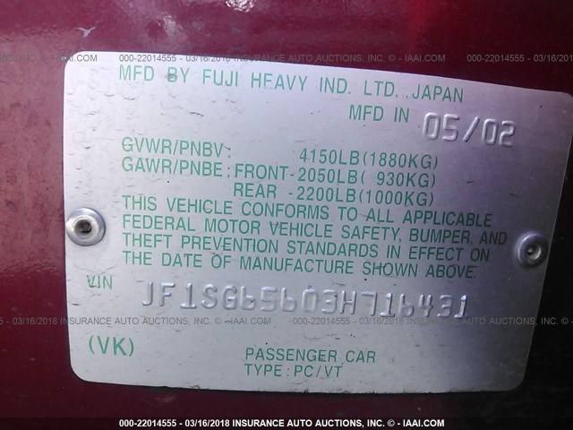 JF1SG65603H716431 - 2003 SUBARU FORESTER 2.5XS მუქწითელი ფოტო 9