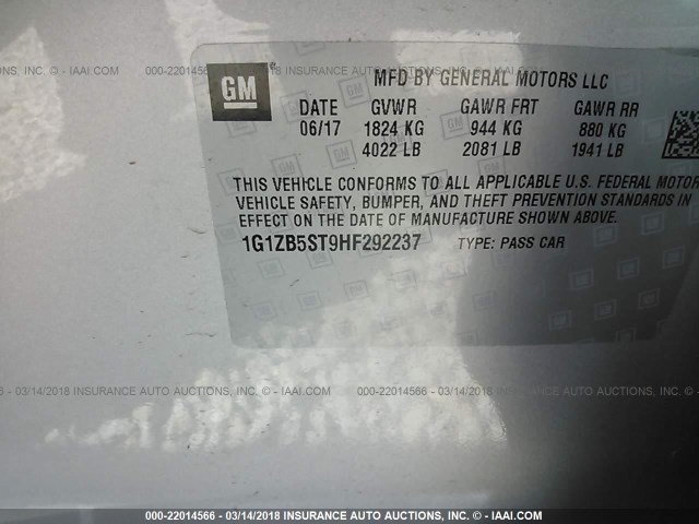 1G1ZB5ST9HF292237 - 2017 CHEVROLET MALIBU LS ვერცხლისფერი ფოტო 9