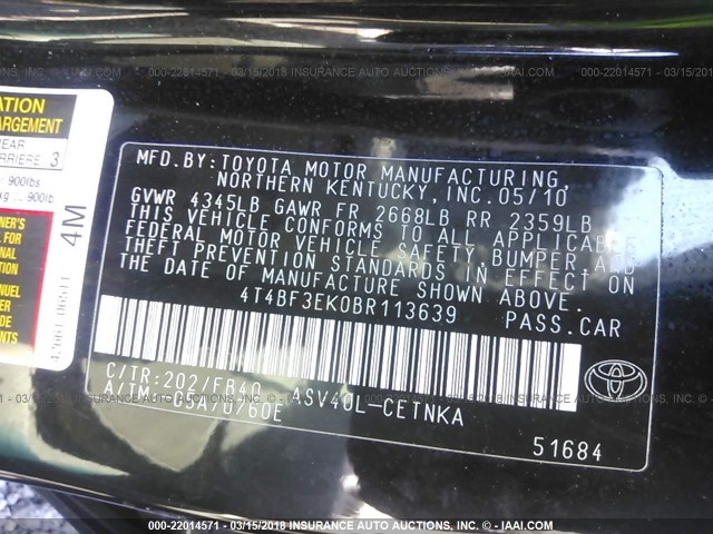 4T4BF3EK0BR113639 - 2011 TOYOTA CAMRY SE/LE/XLE BLACK photo 9