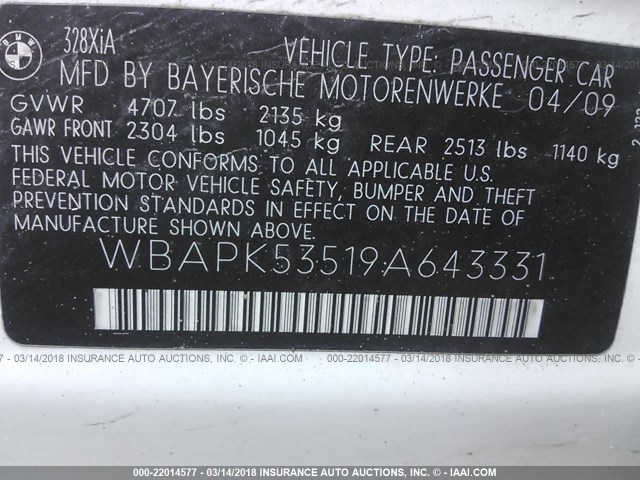 WBAPK53519A643331 - 2009 BMW 328 XI SULEV WHITE photo 9