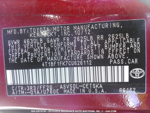 4T1BF1FK7CU626112 - 2012 TOYOTA CAMRY SE/LE/XLE RED photo 9