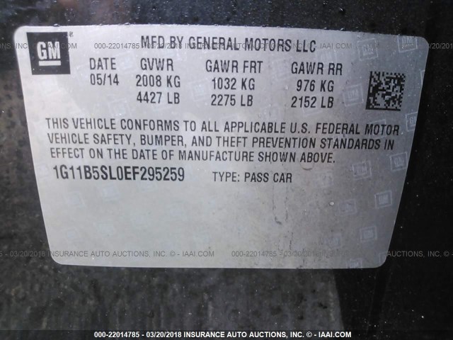 1G11B5SL0EF295259 - 2014 CHEVROLET MALIBU LS BLACK photo 9