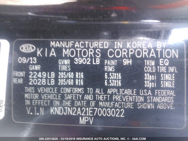 KNDJN2A21E7003022 - 2014 KIA SOUL BLACK photo 9