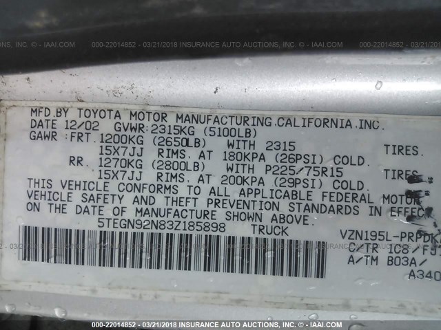 5TEGN92N83Z185898 - 2003 TOYOTA TACOMA DOUBLE CAB PRERUNNER SILVER photo 9