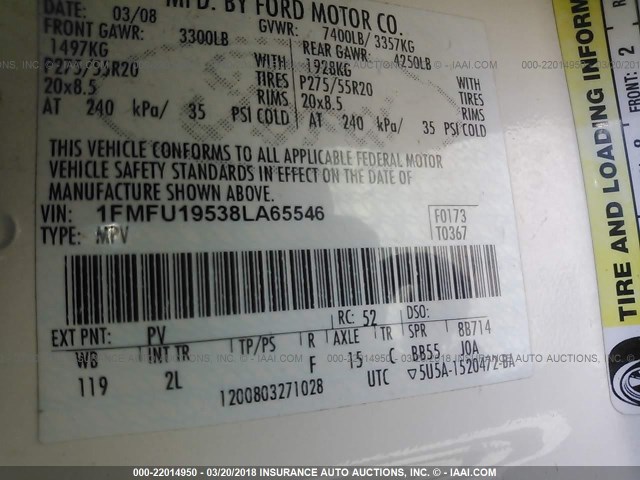 1FMFU19538LA65546 - 2008 FORD EXPEDITION LIMITED WHITE photo 9