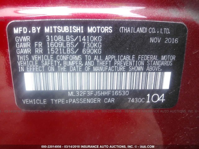 ML32F3FJ5HHF16530 - 2017 MITSUBISHI MIRAGE G4 ES წითელი ფოტო 9