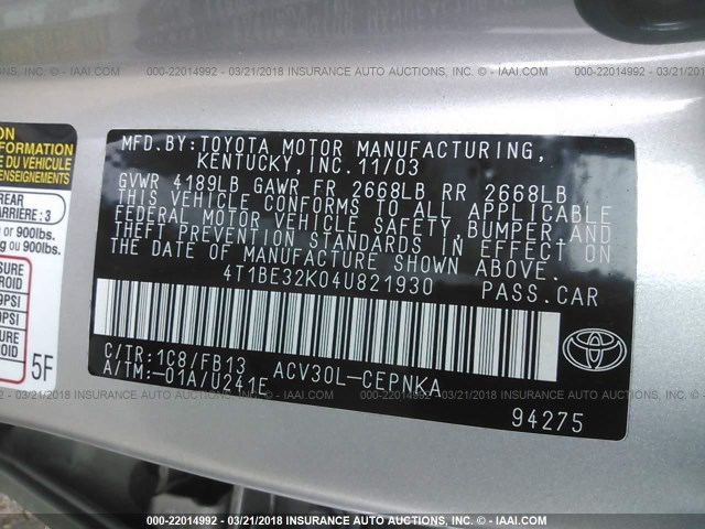 4T1BE32K04U821930 - 2004 TOYOTA CAMRY LE/XLE/SE SILVER photo 9