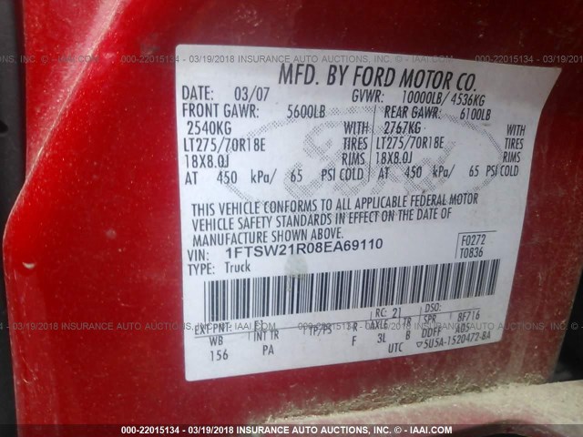 1FTSW21R08EA69110 - 2008 FORD F250 SUPER DUTY RED photo 9