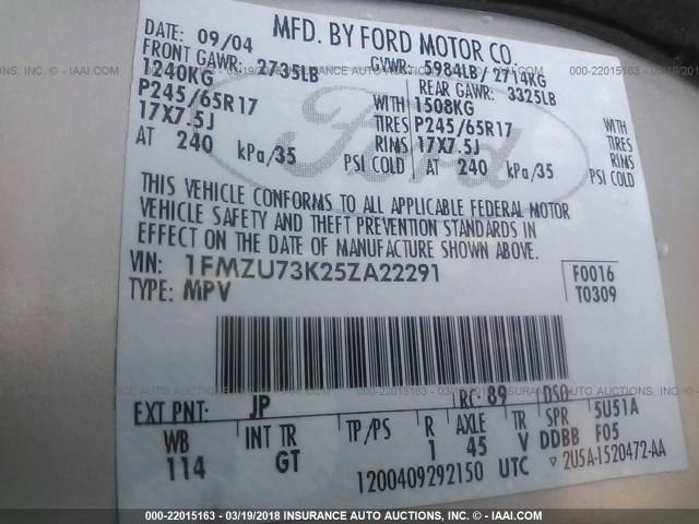 1FMZU73K25ZA22291 - 2005 FORD EXPLORER XLT/XLT SPORT/NBX SILVER photo 9