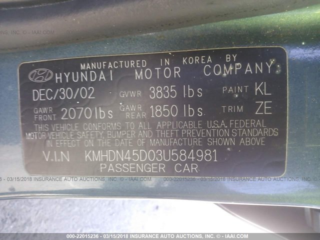 KMHDN45D03U584981 - 2003 HYUNDAI ELANTRA GLS/GT BLUE photo 9