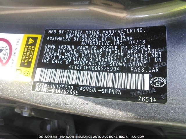 4T4BF1FK0GR575984 - 2016 TOYOTA CAMRY LE/XLE/SE/XSE GRAY photo 9