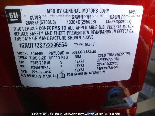 1GNDT13S722296564 - 2002 CHEVROLET TRAILBLAZER  RED photo 9