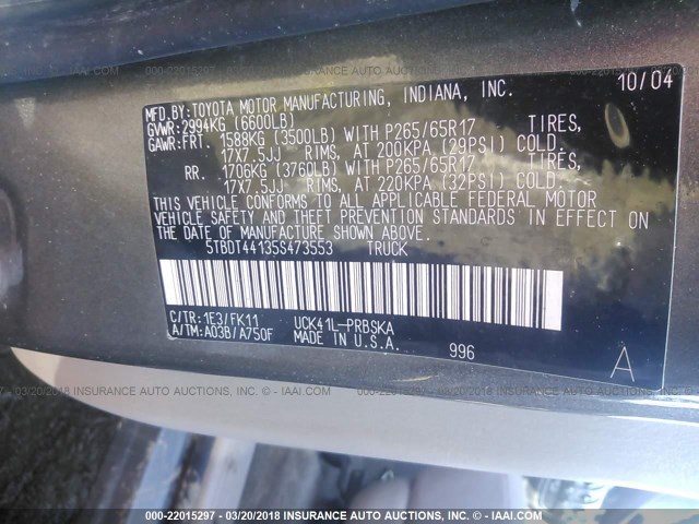 5TBDT44135S473553 - 2005 TOYOTA TUNDRA DOUBLE CAB SR5 GRAY photo 9