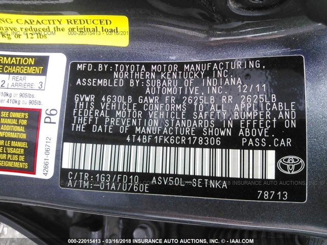 4T4BF1FK6CR178306 - 2012 TOYOTA CAMRY SE/LE/XLE GRAY photo 9