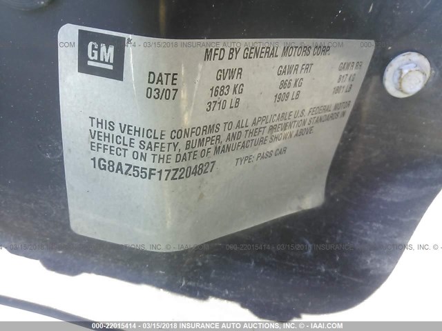 1G8AZ55F17Z204827 - 2007 SATURN ION LEVEL 2 Gümüş foto 9