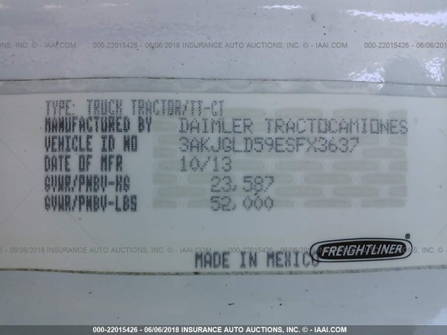 3AKJGLD59ESFX3637 - 2014 FREIGHTLINER CASCADIA 125  WHITE photo 10