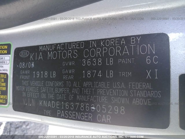 KNADE163786305298 - 2008 KIA RIO 5 SX SILVER photo 9